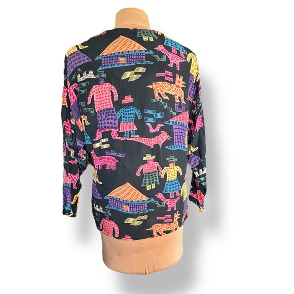 Vintage 90s Rayon Shirt Medium Colorful Yellow Tribal Abstract Animal Print - Picture 5 of 11